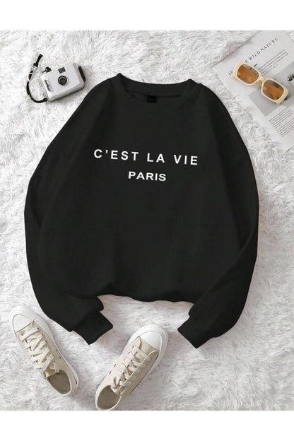 C'EST LA VIE Baskılı Bisiklet Yaka Sweatshirt