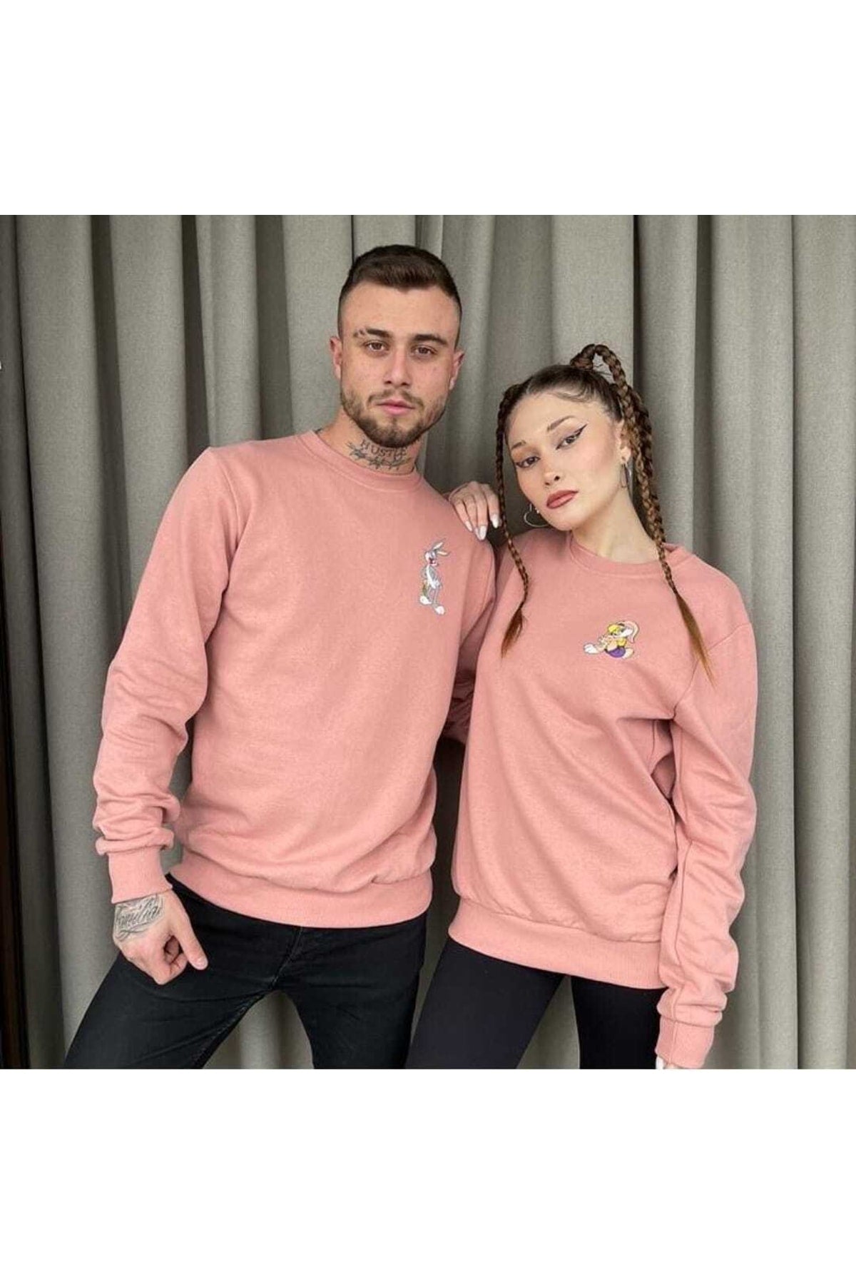 Unisex Pudra Pembe Bisiklet Yaka Pamuk Oversize Sevgili Çift Kombini