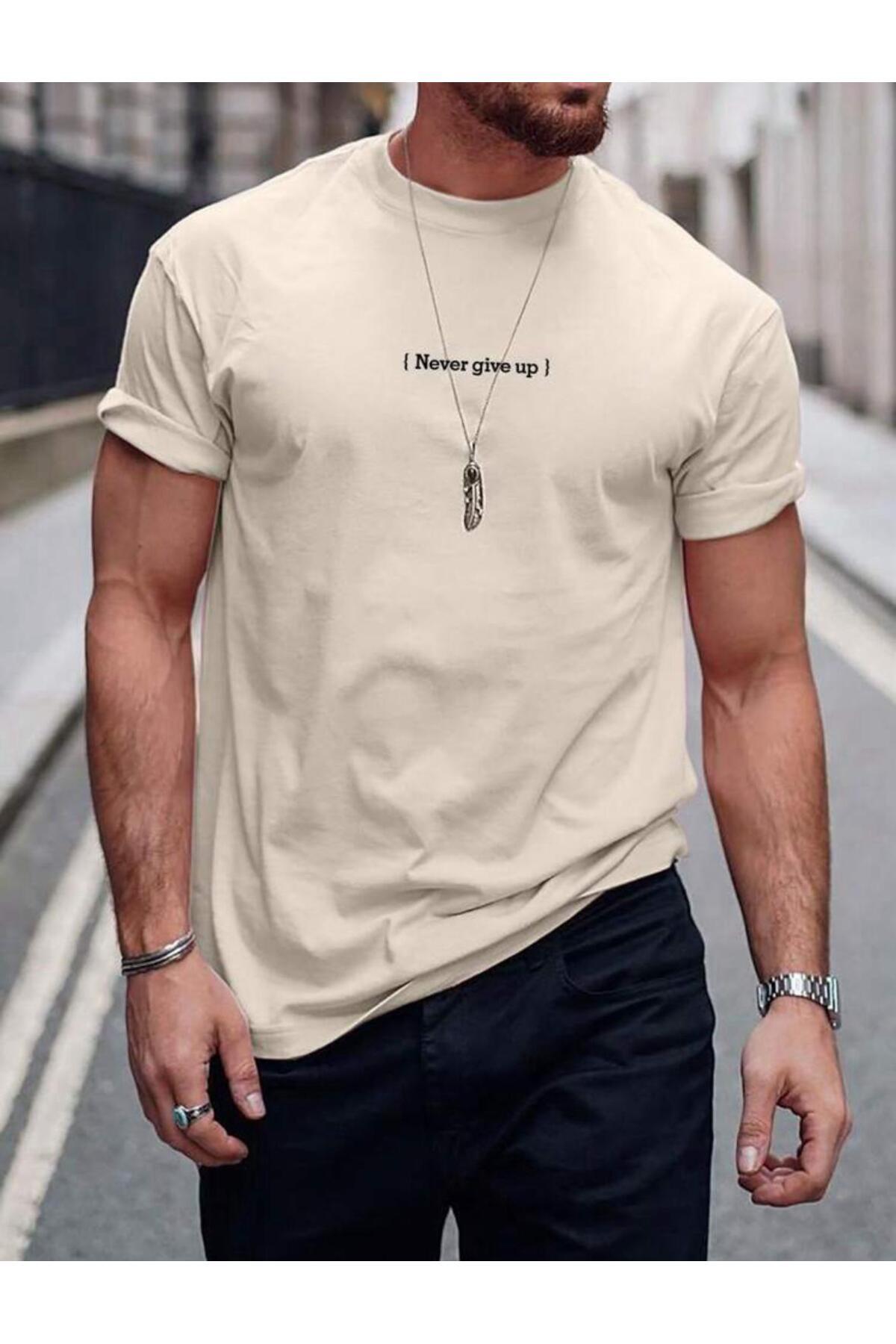 NEVER GİVE UP Baskılı Pamuklu Tshirt