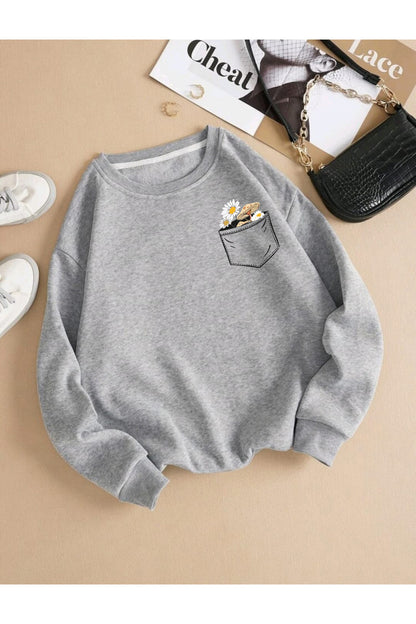 Çiçek Baskılı Bisiklet Yaka Pamuklu Sweatshirt