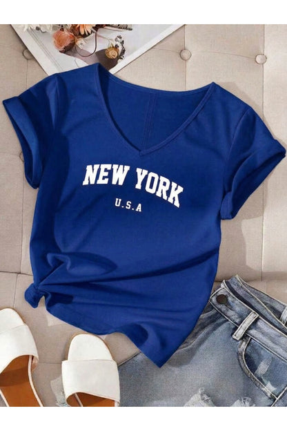 Kadın New York USA Baskılı V Yaka T-shirt