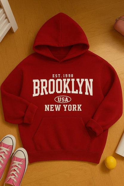 EST.1998 BROOKLYN Baskılı Oversize Kalıp KAPŞONLU Sweatshirt