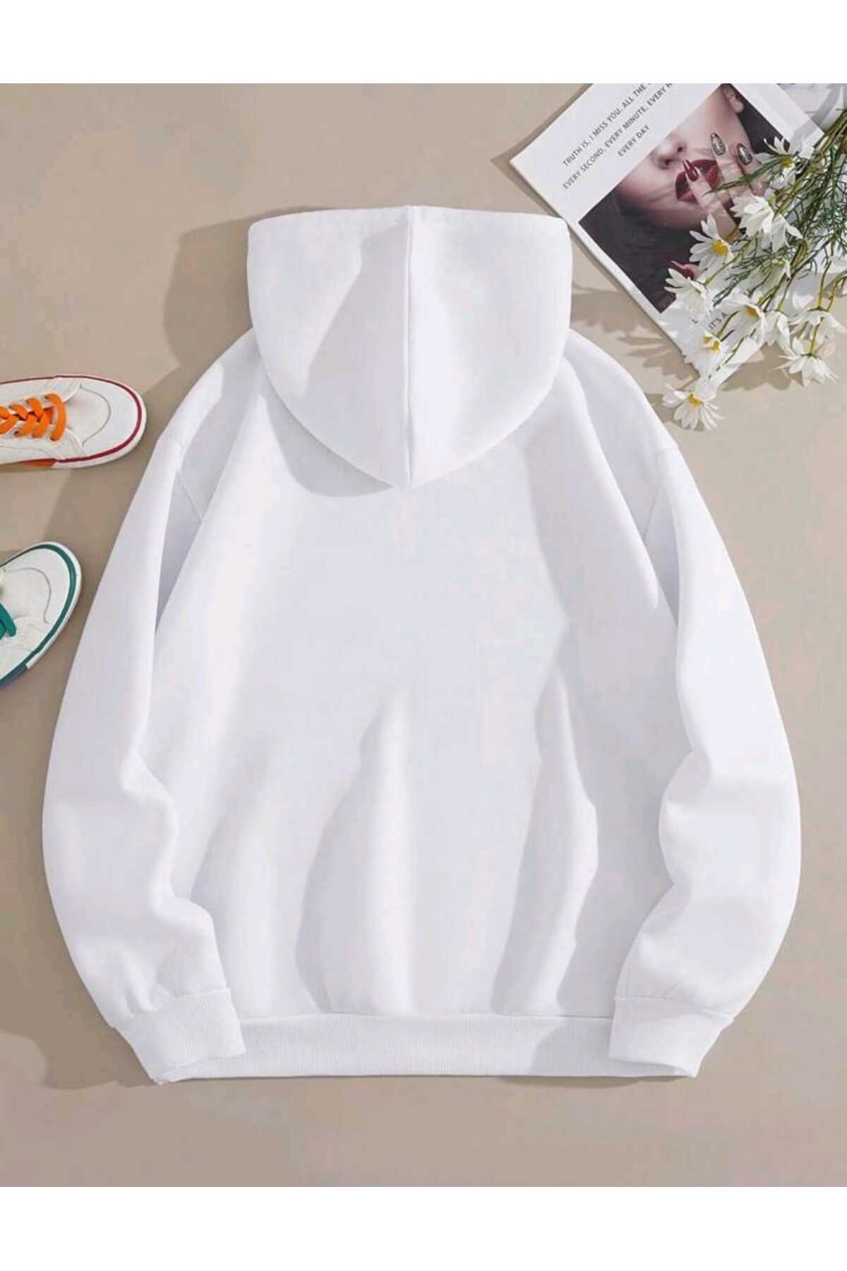 Beyaz Baskılı Kapüşonlu Sweatshirt Pamuklu
