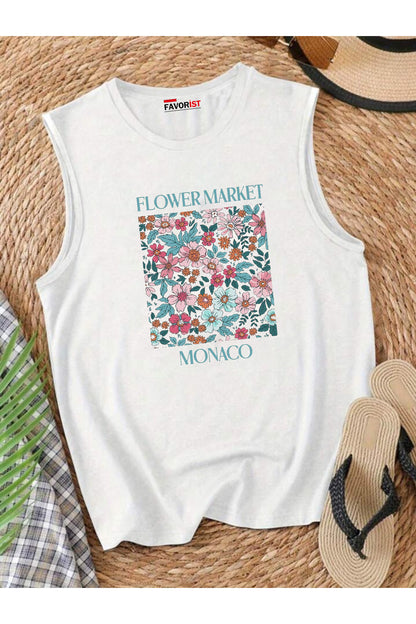 Şehrin Çiçekleri Omuzu Açık Kadın Pamuklu Kolsuz Yazlık T-shirt Atlet