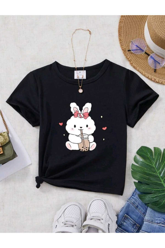 Tavşancık Baskılı Bisiklet Yaka Pamuklu T-shirt