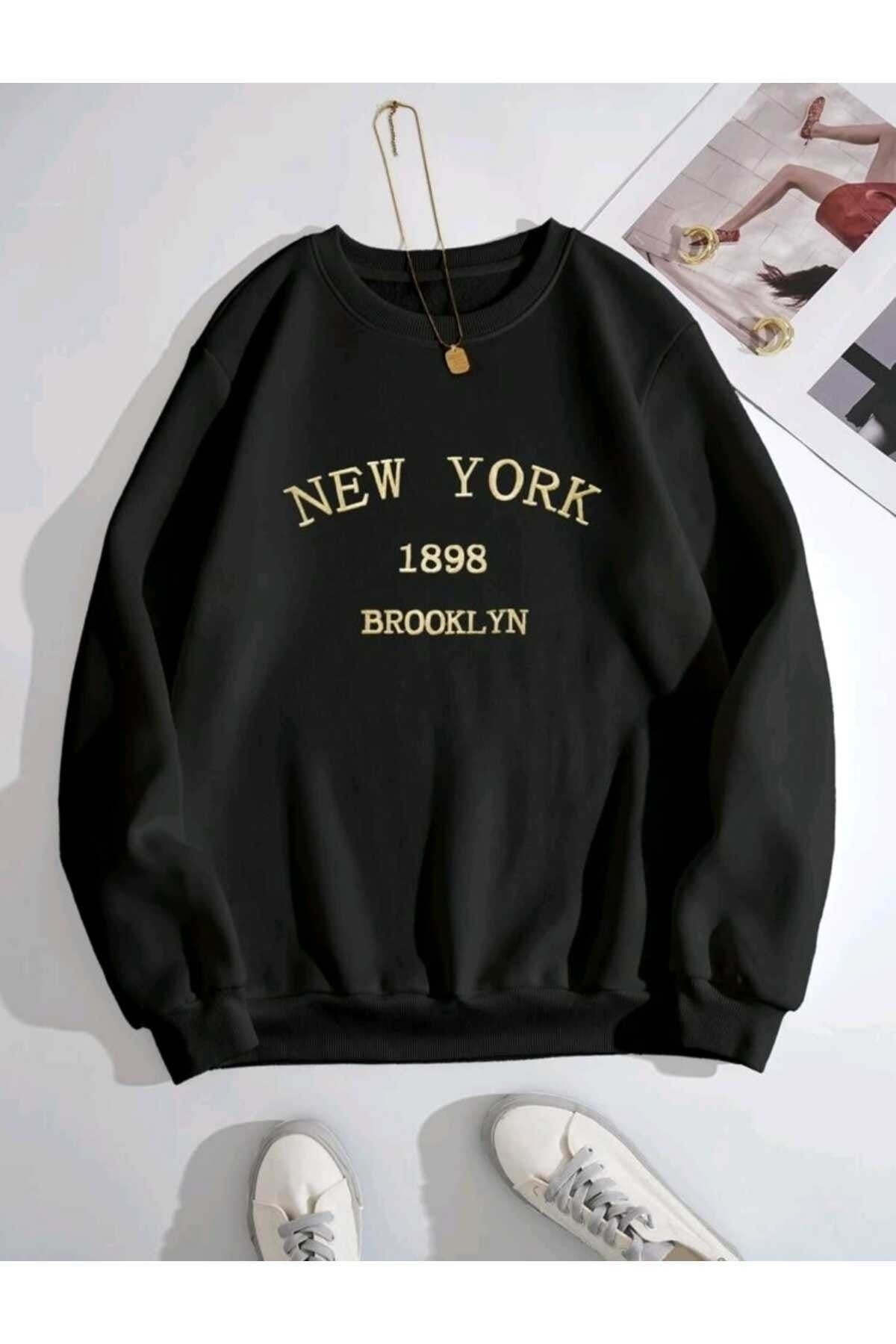 New York 1898 Baskılı Bisiklet Yaka Pamuklu Sweatshirt