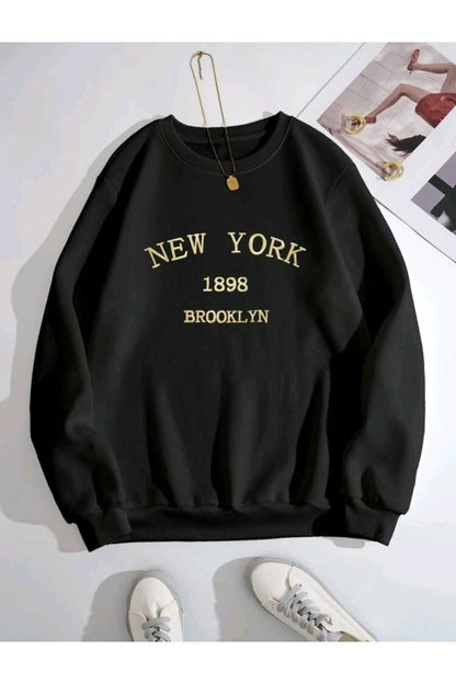 New York 1898 Baskılı Bisiklet Yaka Pamuklu Sweatshirt