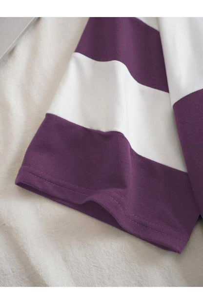 Unisex Multi Renk Düz Çizgili Fermuarlı Polo Yaka Oversize T-shirt
