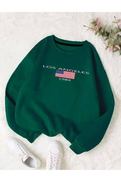 Unısex Los Angeles Baskılı Bisiklet Yaka Sweatshirt Hoodie