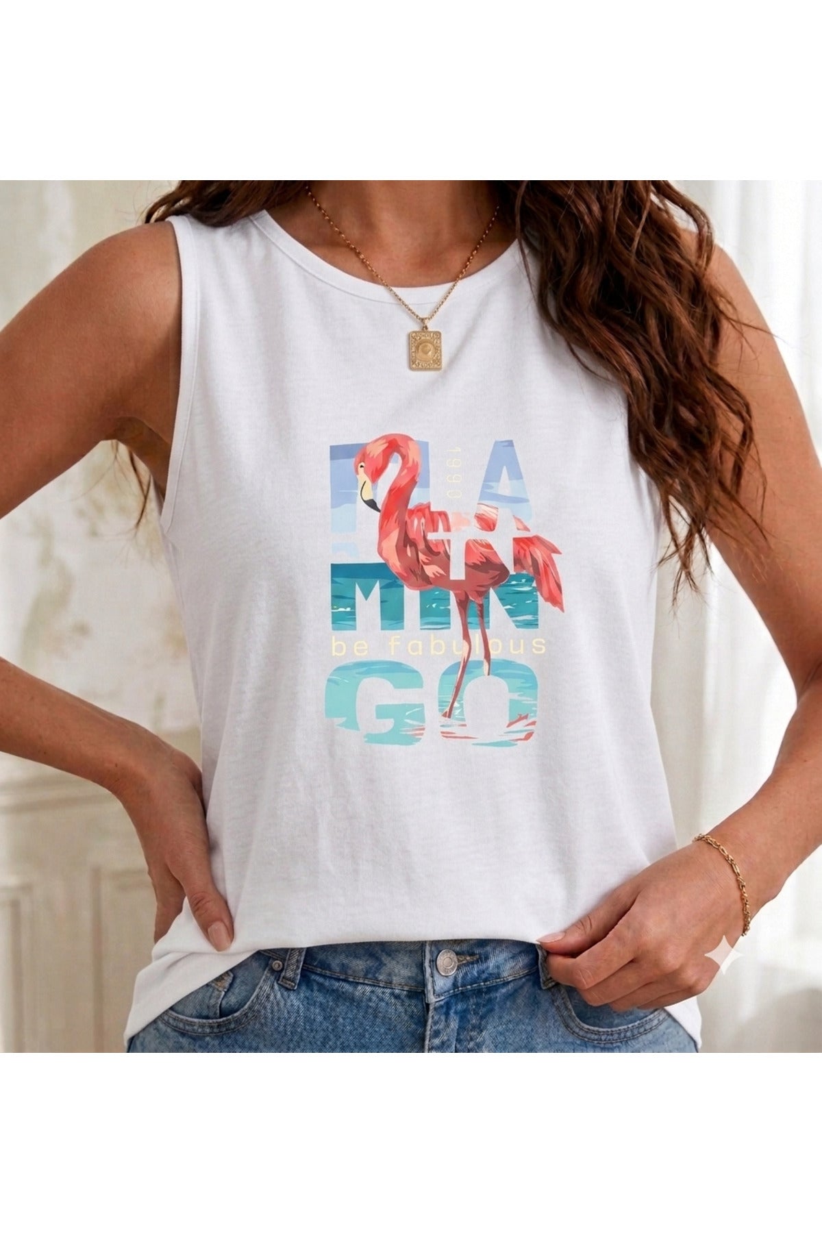 1990 Flamingo Baskılı ( Omuzu Açık ) Kadın Askılı Atlet T-shirt