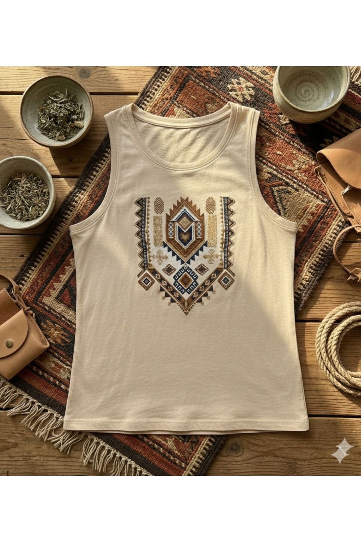 Etnik Desen Baskılı Kadın Omuzu Açık Kolsuz Askılı Tshirt