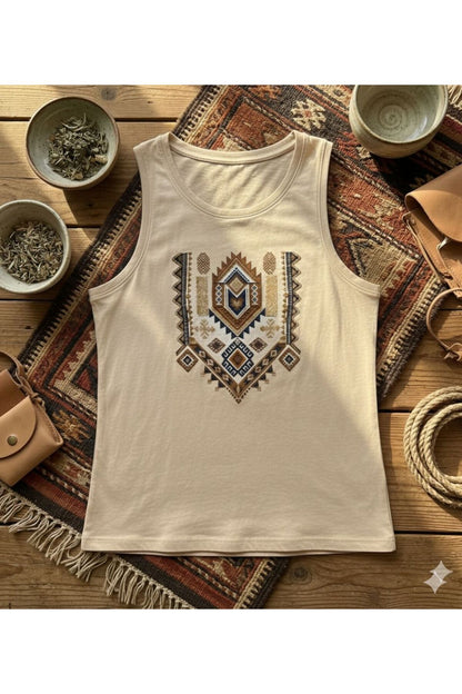 Etnik Desen Baskılı Kadın Omuzu Açık Kolsuz Askılı Tshirt