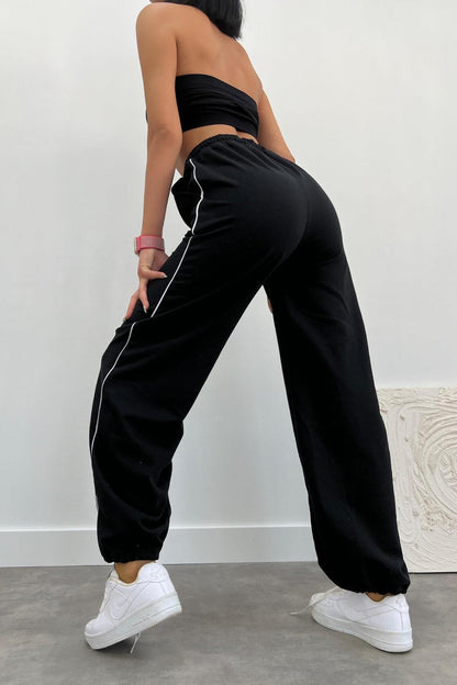 Siyah Yan Biye Bol Eşofman Altı Unisex