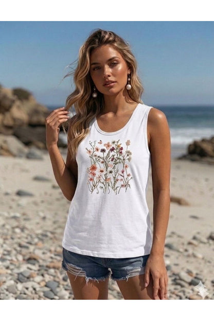 FLOWERS Baskılı (Omuzu Açık) Kadın Slim Fit Askılı Tshirt