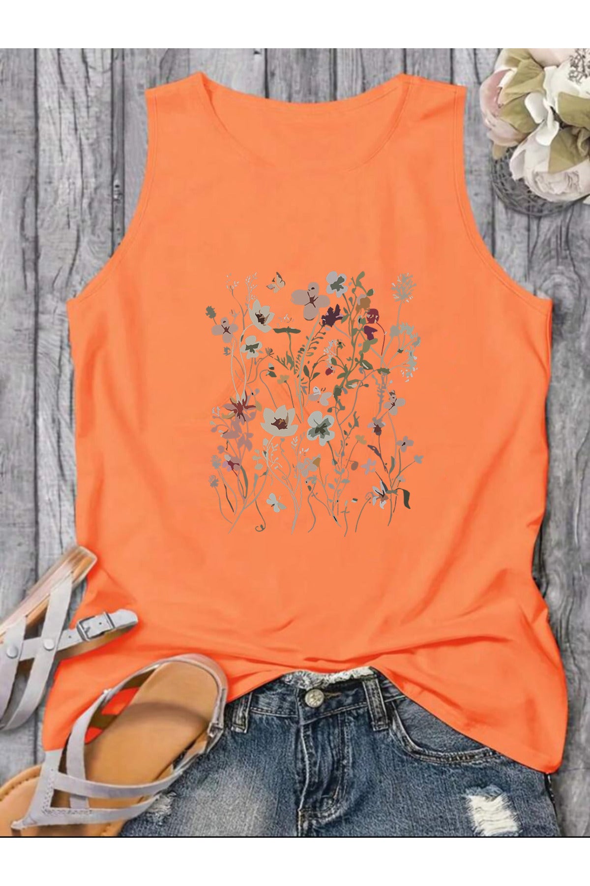 FLOWERS Desenli Kadın Pamuklu Omuzu Açık (Kolsuz) Yazlık T-shirt
