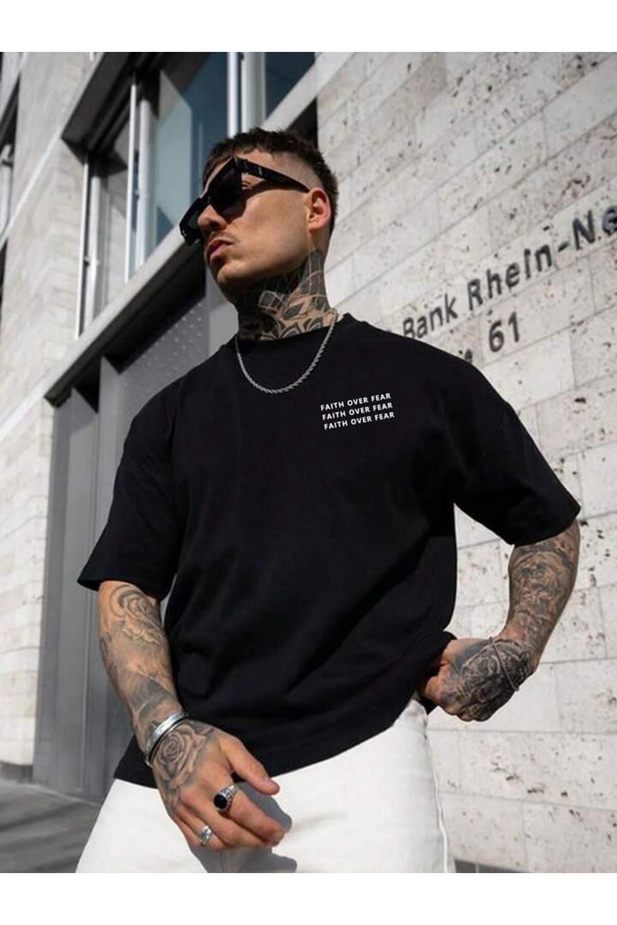 FAITH OVER FEAR Baskılı Oversize Pamuklu Tshirt T-Shirt Tşört Tişört