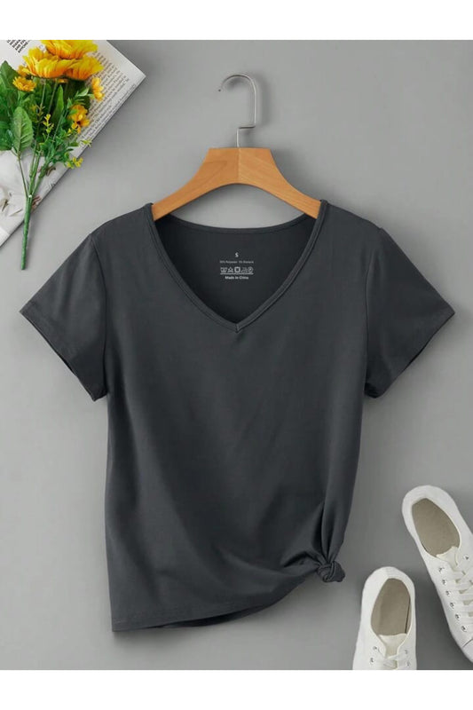 V Yaka (düz Desensiz) Basic Giy Çık Pamuklu Tshirt