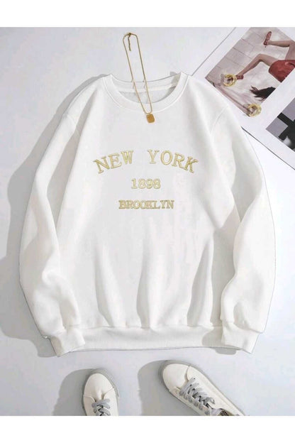 New York 1898 Baskılı Bisiklet Yaka Pamuklu Sweatshirt