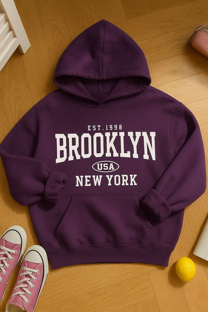 EST.1998 BROOKLYN Baskılı Oversize Kalıp KAPŞONLU Sweatshirt