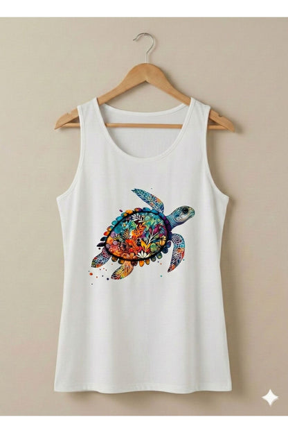 Kaplumbağa Baskılı Kadın Beyaz Omuzu Açık Askılı Yazlık Pamuklu T-shirt
