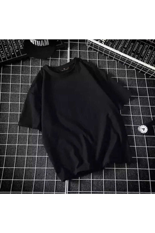 Unisex Siyah Bisiklet Yaka Pamuk Oversize Tshirt