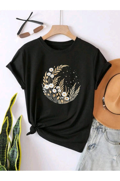 Ay Yıldız Papatya Baskılı UNISEX YAZLIK Pamuklu Kısa Kol Tshirt