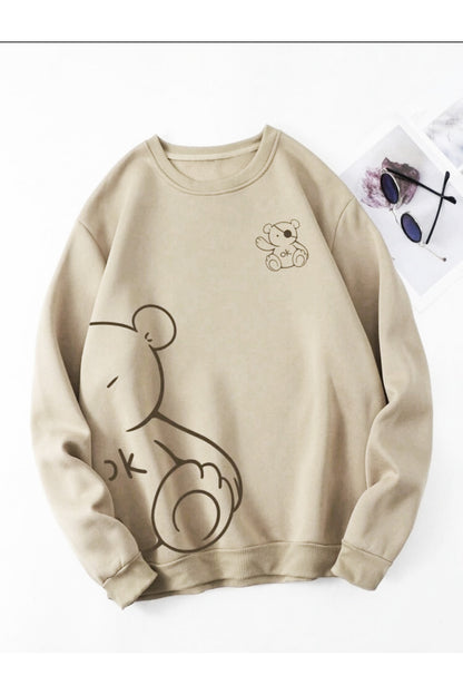Sevimli Ayı Baskılı Bisiklet Yaka Oversize Pamuklu Sweatshirt ( GENİŞ KALIP )