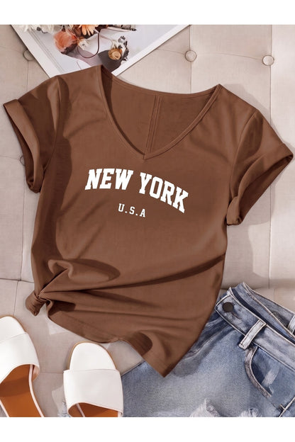 Kadın New York USA Baskılı V Yaka T-shirt