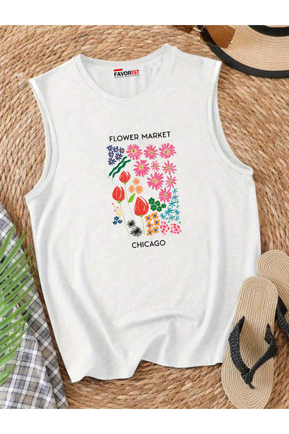 Şehrin Çiçekleri Omuzu Açık Kadın Pamuklu Kolsuz Yazlık T-shirt Atlet