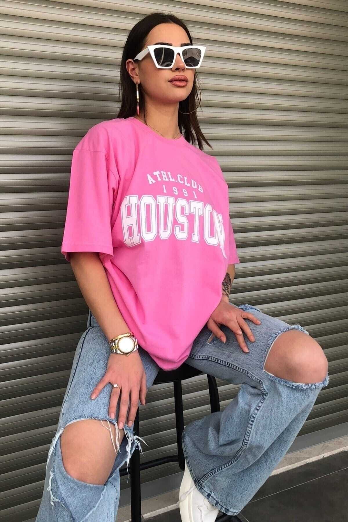 Houston 1991 Baskılı Oversize ( Geniş Kalıp ) Bisiklet Yaka Pamuk Spor Tshirt