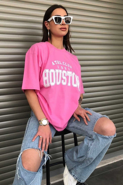 Houston 1991 Baskılı Oversize ( Geniş Kalıp ) Bisiklet Yaka Pamuk Spor Tshirt