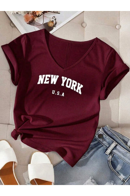 Kadın New York USA Baskılı V Yaka T-shirt