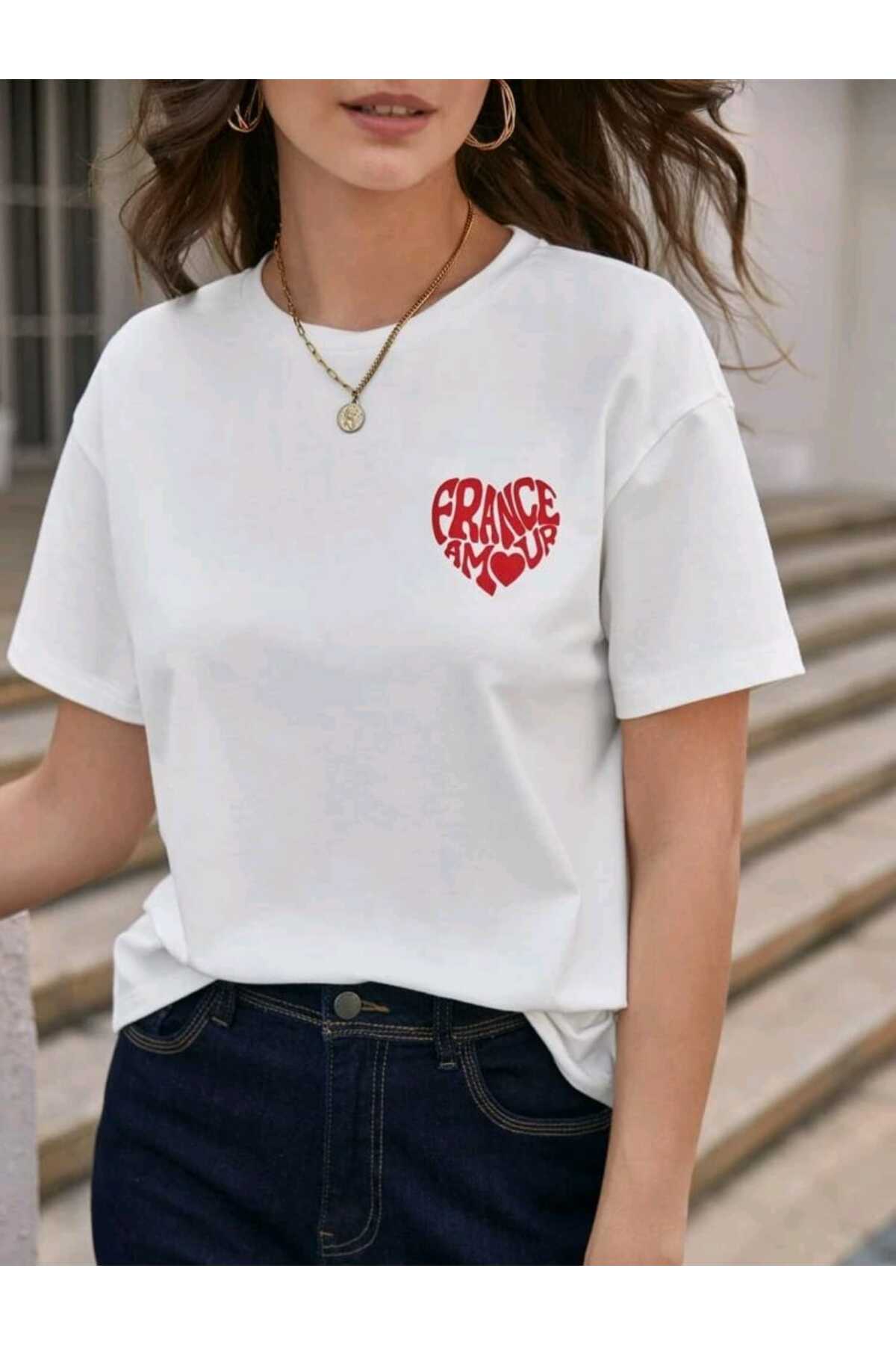 France Amour Baskılı Pamuklu Kısa Kol Yazlık Tshirt