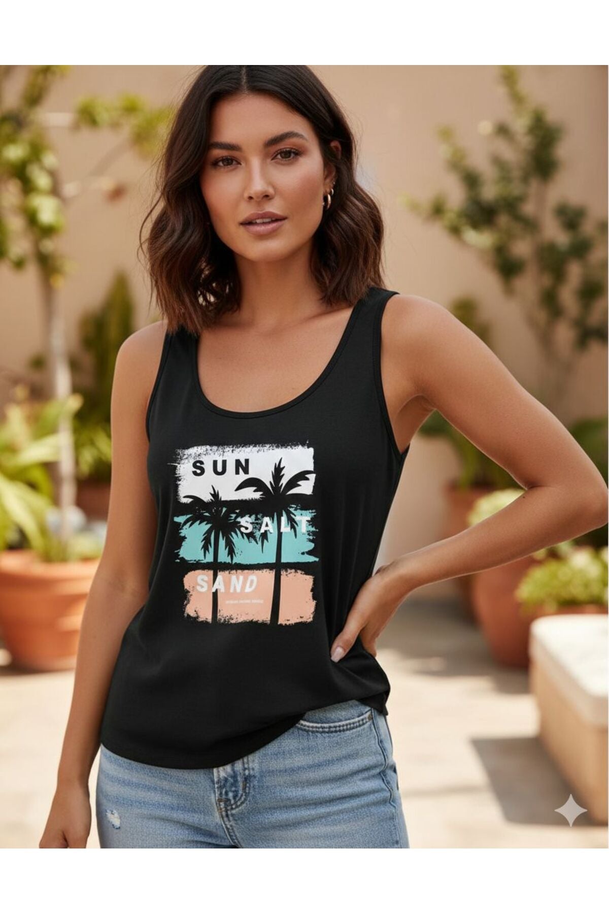 Sun Salt Sand Baskılı Kadın Siyah Omuzu Açık Askılı Yazlık Pamuklu T-shirt