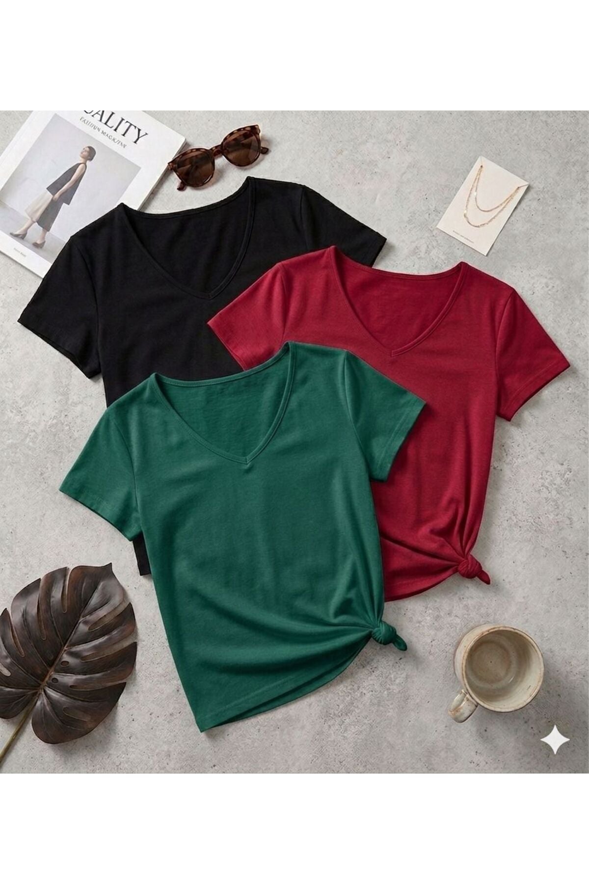 3 Adet Düz Regular Kalıp (V Yaka) Kadın T-Shirt