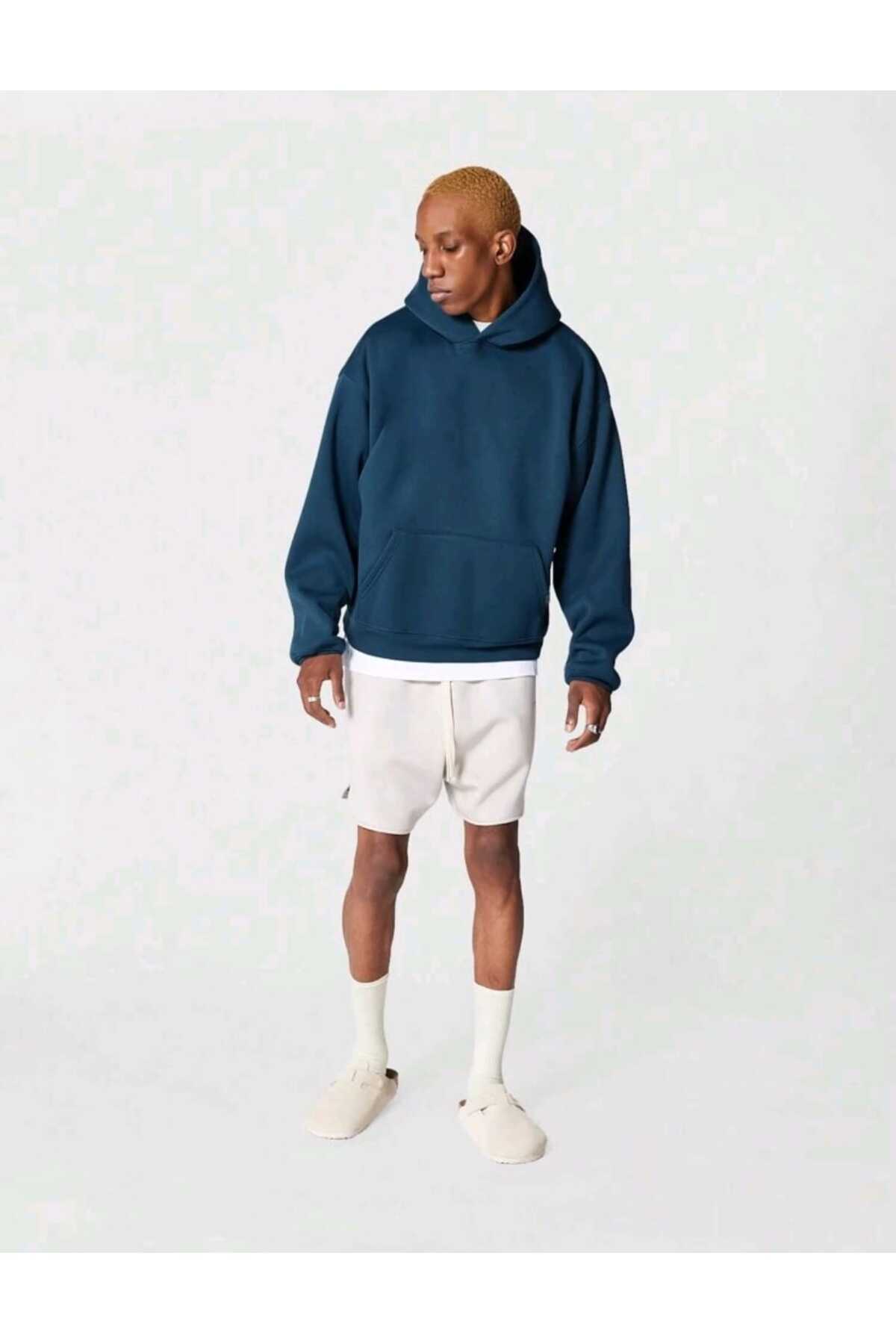 Basic baskısız pamuklu oversize kapüşonlu