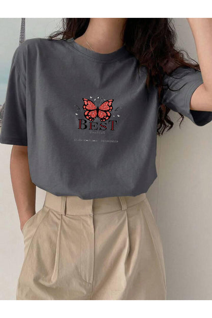 BEST Kelebek Baskılı Pamuklu Kısa Kol (Oversize) Tshirt