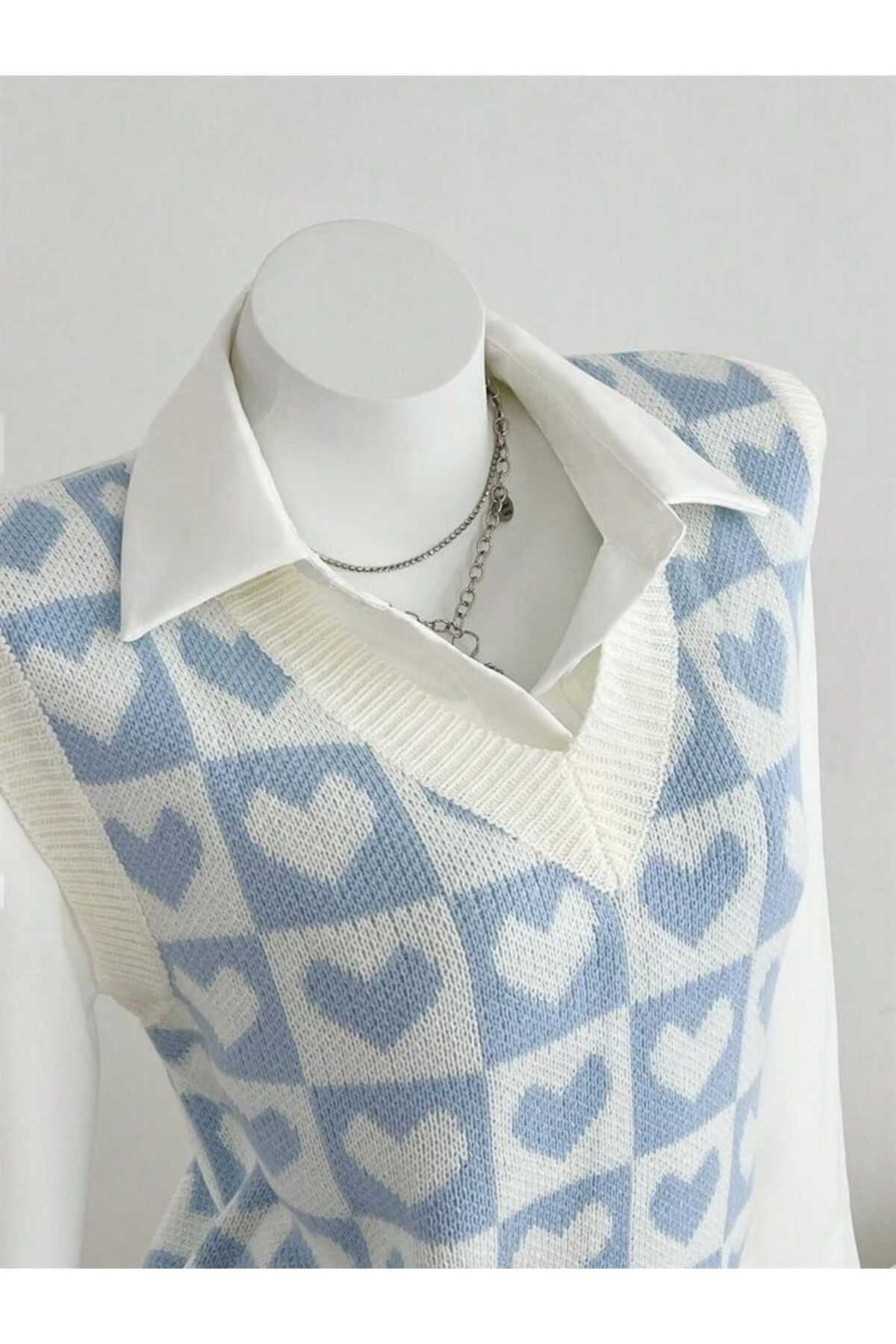 V-NECK COTTON SWEATER WITH HEARTS Süveter KALPLİ