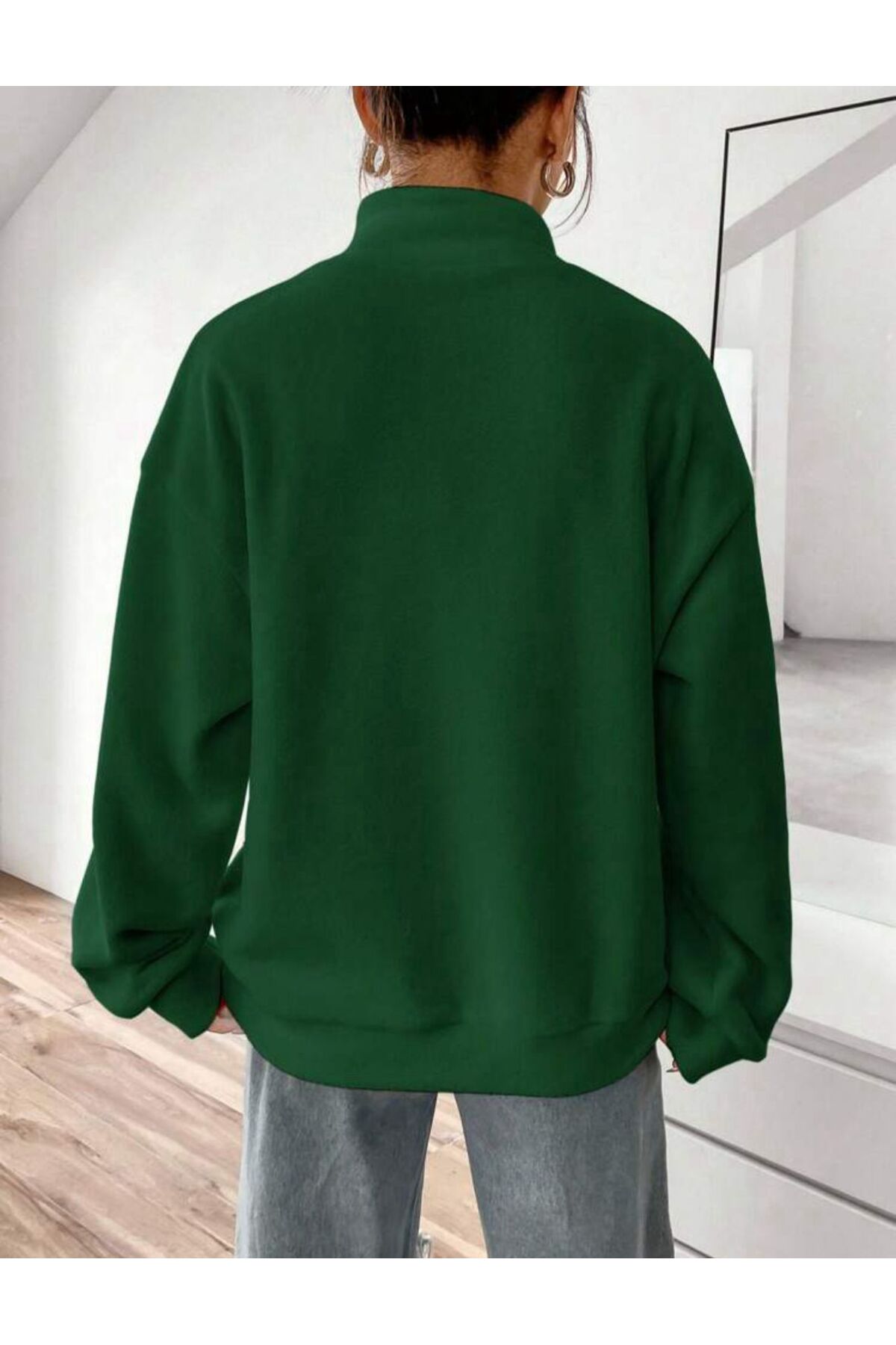 Dik Yaka Yarım Fermuarlı Düz Kazak Sweatshirt