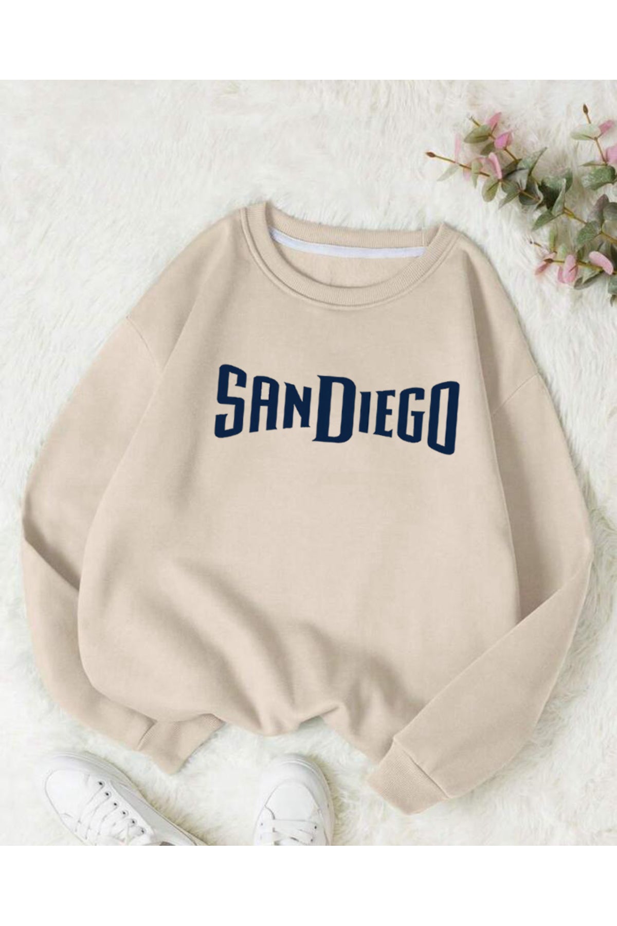 SANDIEGO Baskılı Oversize Kalıp Bisiklet Yaka Sweatshirt