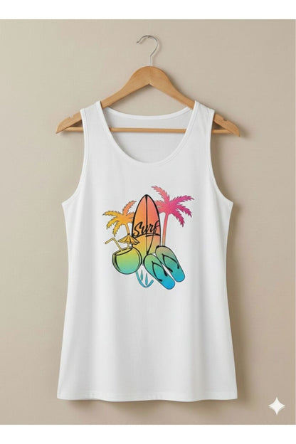 Palmiye Surf Baskılı Kadın Beyaz Omuzu Açık Askılı Yazlık Pamuklu T-shirt