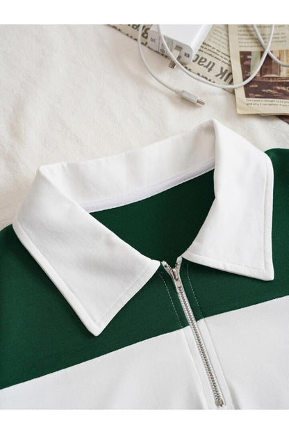 Unisex Multi Renk Düz Çizgili Fermuarlı Polo Yaka Oversize T-shirt