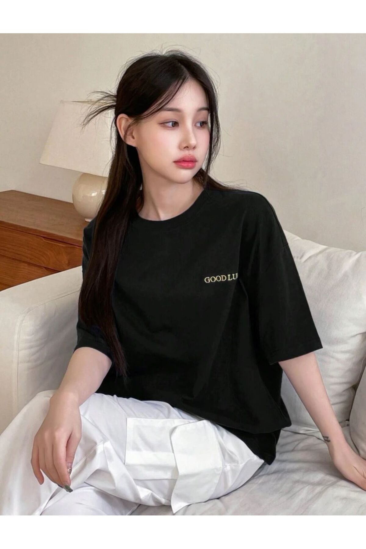 GOOD LUCK Baskılı Pamuklu Kısa Kol (Oversize) Tshirt