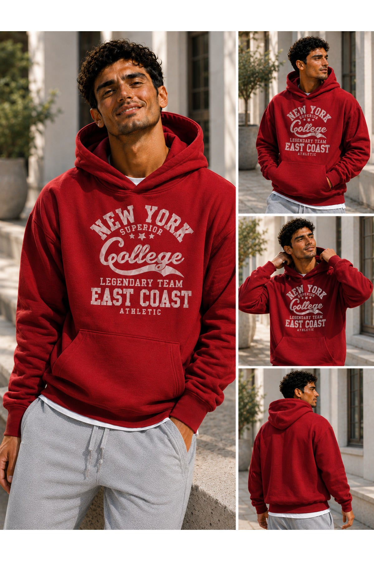 College New York Üç İplik Penye Erkek Kapşonlu Sweatshirt Oversize