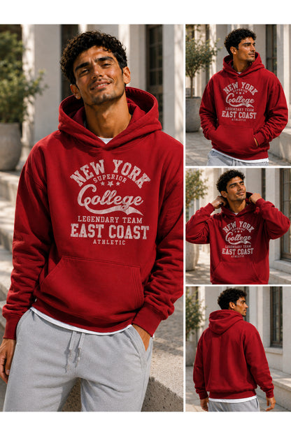 College New York Üç İplik Penye Erkek Kapşonlu Sweatshirt Oversize