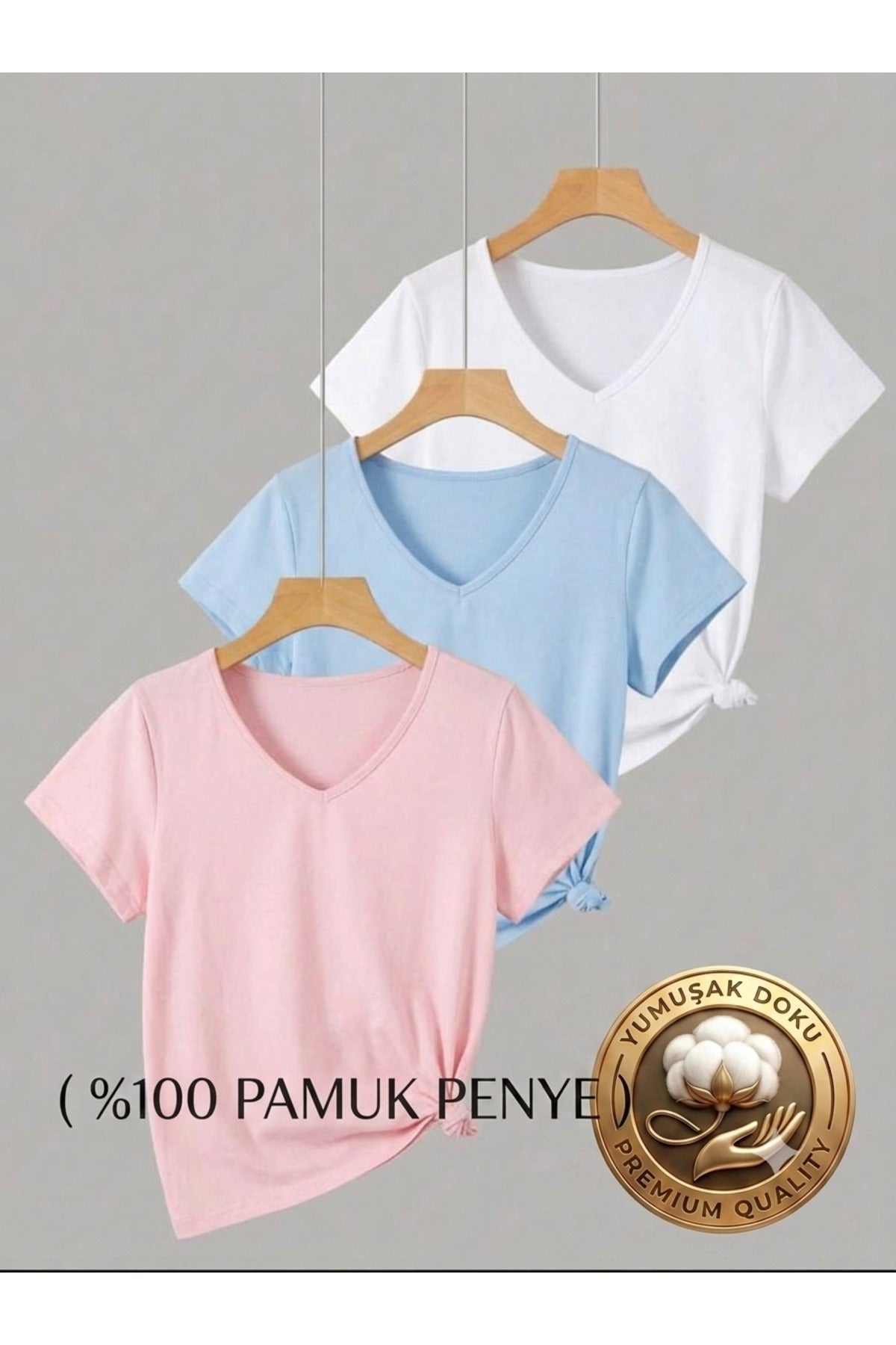 3 ADET V YAKA REGULAR KALIP KADIN TSHİRT ( %100 PAMUK )