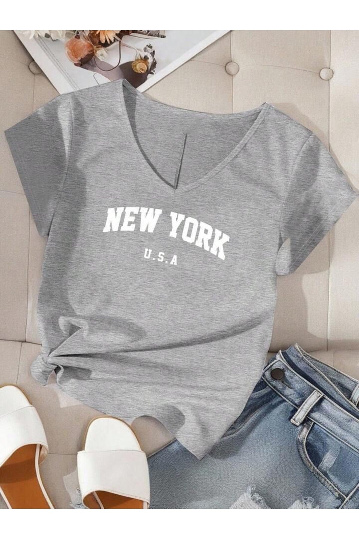 Kadın New York USA Baskılı V Yaka T-shirt
