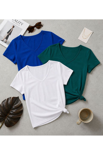 3 Adet Düz Regular Kalıp (V Yaka) Kadın T-Shirt