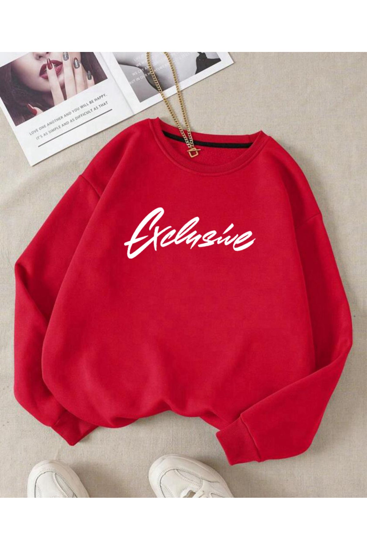 Exclusive Baskılı Oversize Bisiklet Yaka Sweatshirt