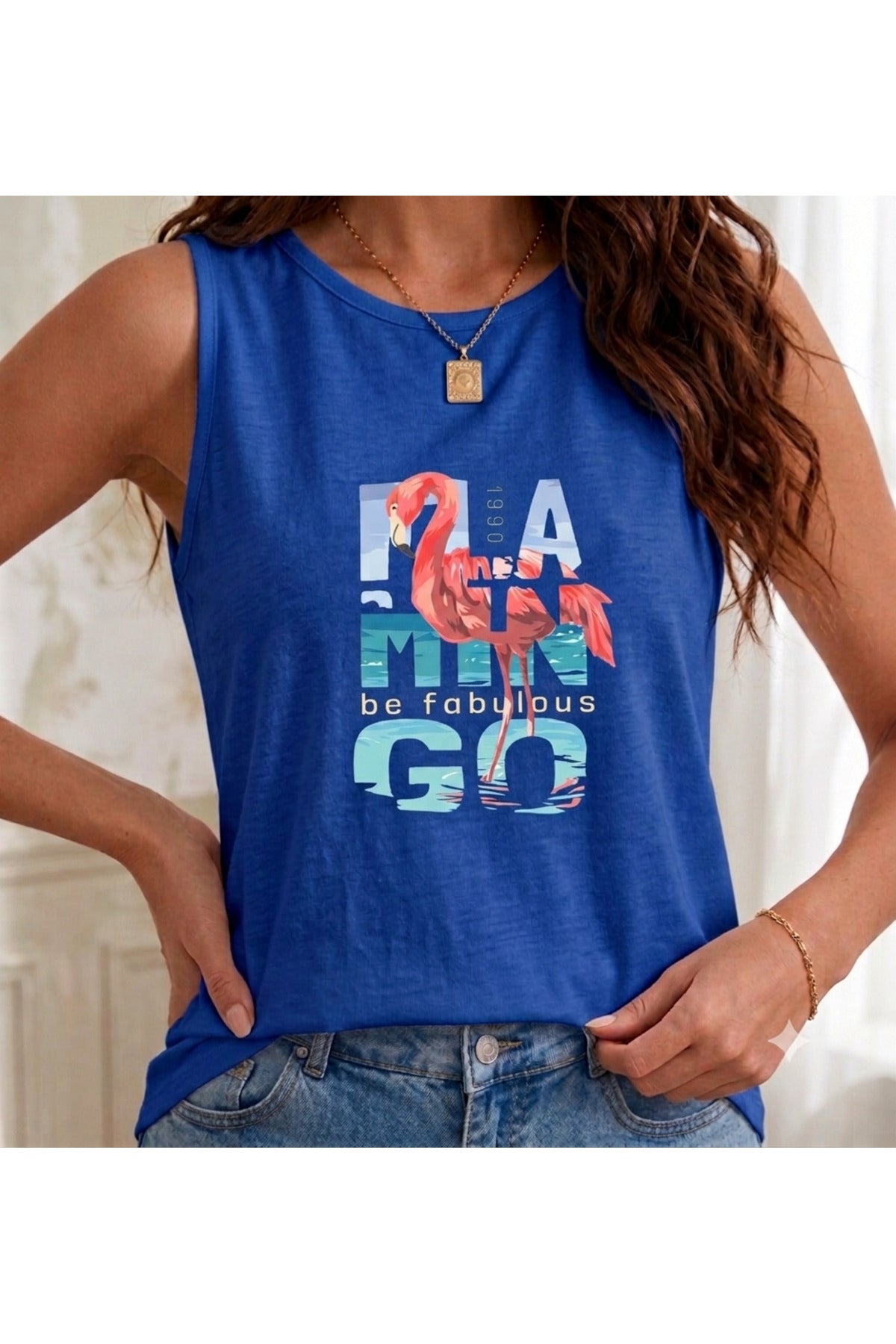 1990 Flamingo Baskılı ( Omuzu Açık ) Kadın Askılı Atlet T-shirt